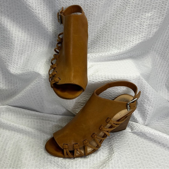 Vince Camuto 8 38 Peek Toe Stacked Square Heel Leather Braid VC-ANKARA Caramel - Picture 2 of 8
